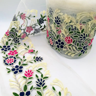 Trim By 9 Yards White Net Fabric Lace Trim with Floral Embroidery Lace Trim, Sari Border, Embroidered Trim